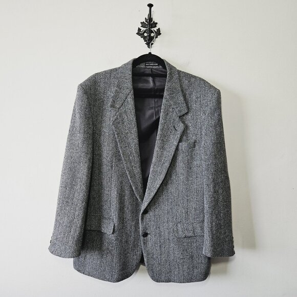 Harris Tweed Mens Jacket 46R Pure Wool Herringbone Blazer Black White - Picture 1 of 8